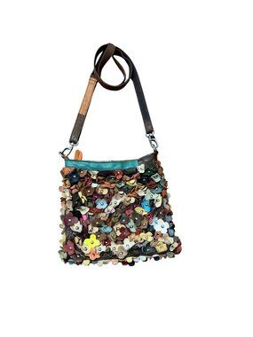 VTG Leather Purse 3D-Flower Stud Center Shoulder Bag Multicolor Boho Y2K